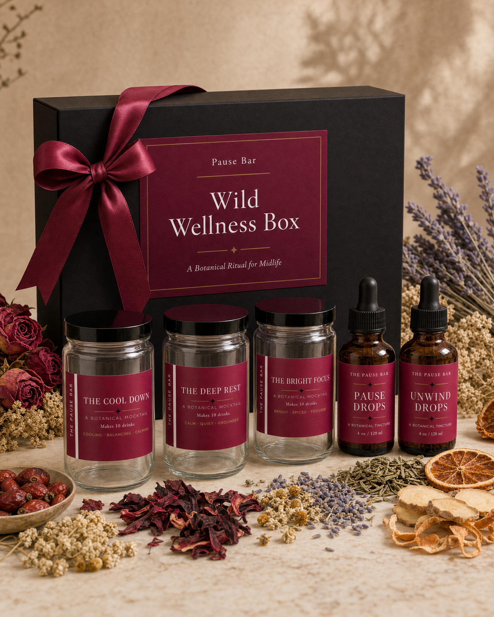 A black box labeled 'Wild Wellness Box' with a maroon ribbon bow on top, surrounded by dried flowers, herbs, dried citrus slices, and jars labeled with botanical mocktail names, set on a light-colored surface with a beige background.