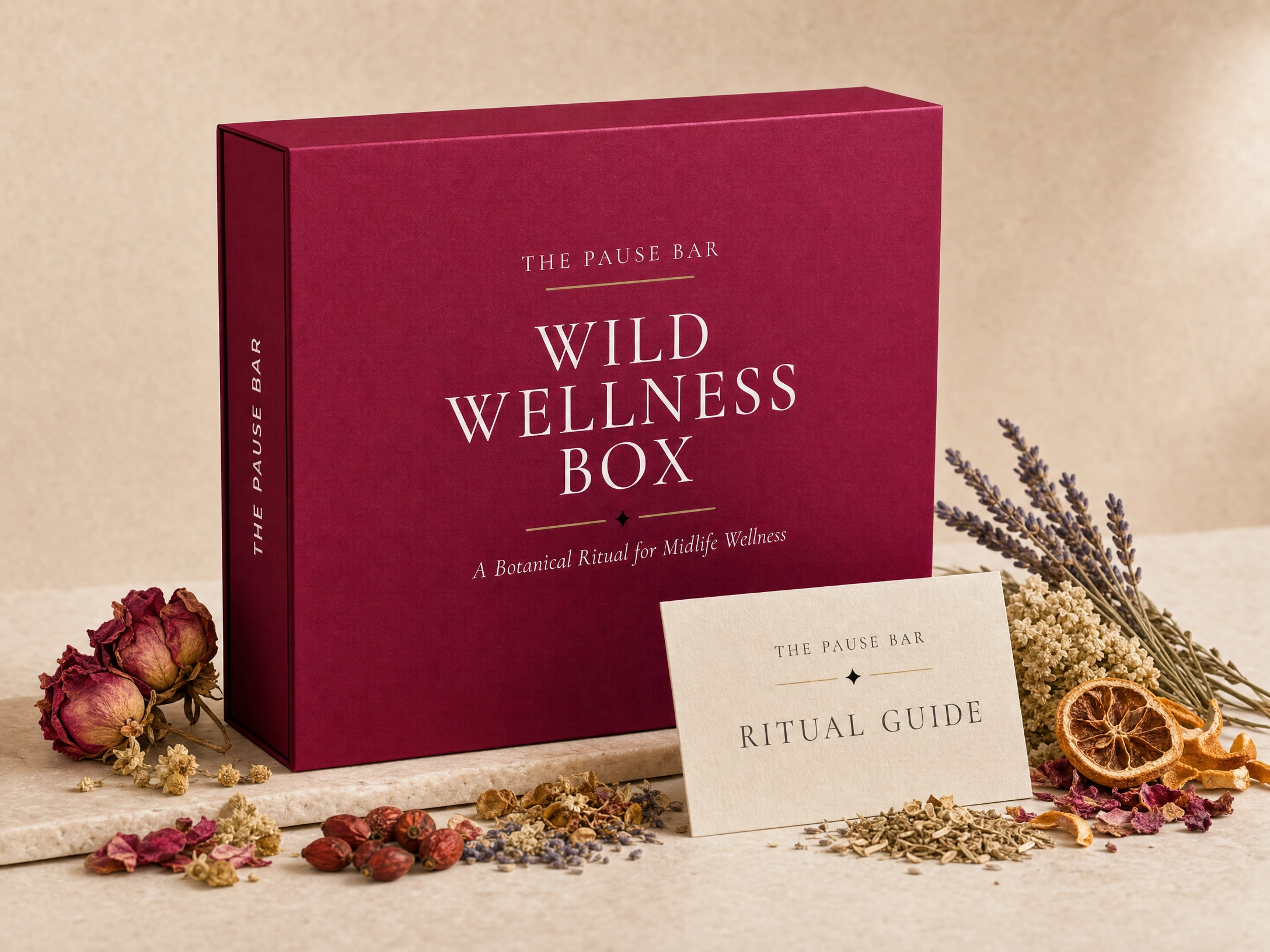 A pink box labeled 'Wild Wellness Box' surrounded by dried flowers and herbs, with a name card labeled 'Ritual Guide' in front.
