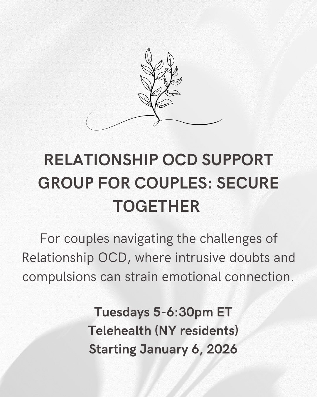 Relationship OCD Support Group for Couples: Secure Together

This support group is for partners navigating the challenges of Relationship OCD (ROCD), where intrusive doubts and compulsions strain emotional connection. Grounded in Emotionally Focused 
