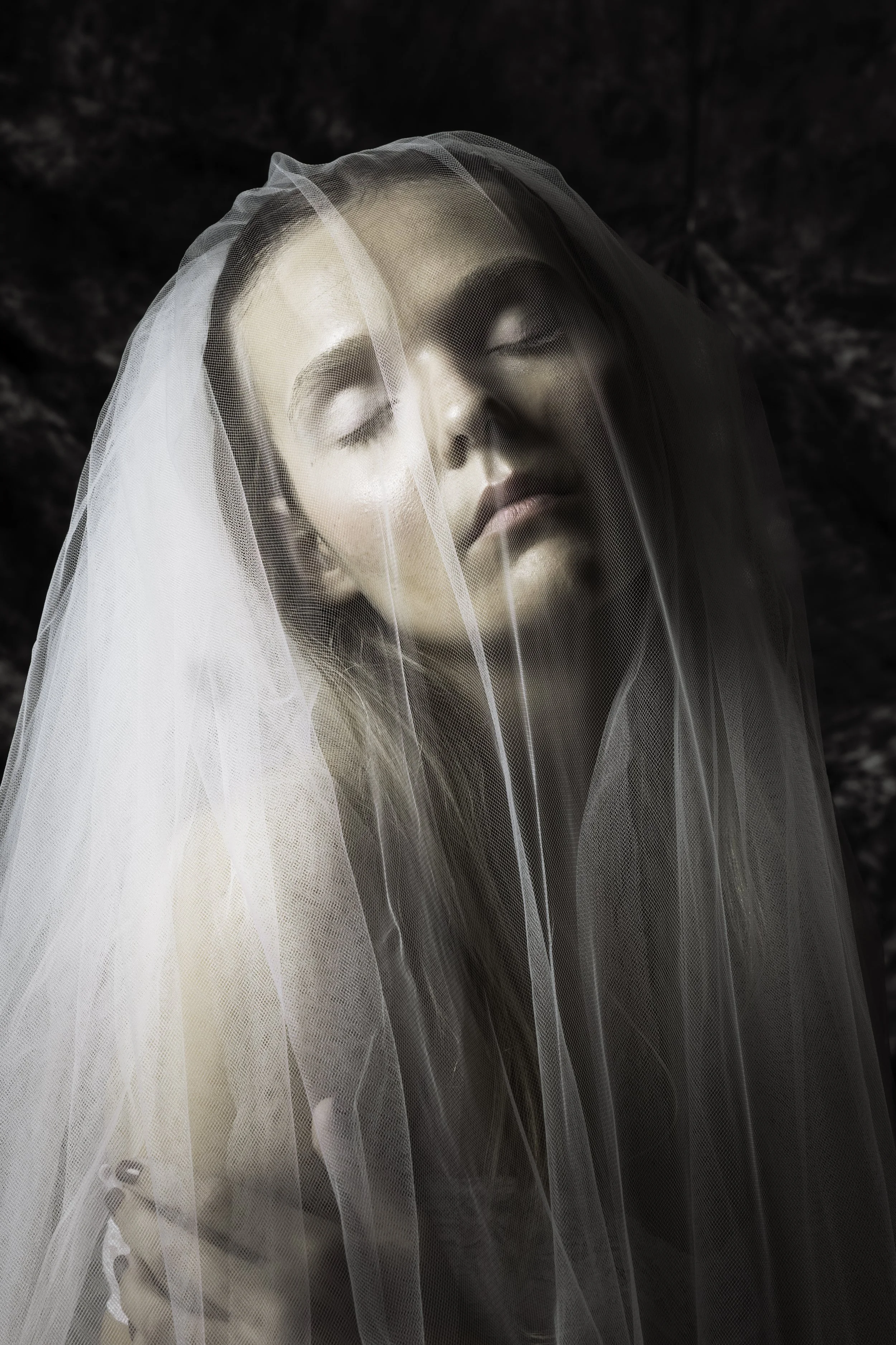 Close-up portrait of a woman with closed eyes, covered by a sheer veil, with a dark textured background.