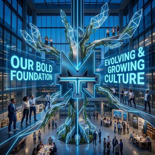 Interior of a modern corporate building with large glass windows, featuring an illuminated artistic display of interconnected neon blue lines and text that reads 'Our Bold Foundation' and 'Evolving & Growing Culture,' with people walking and interacting inside.