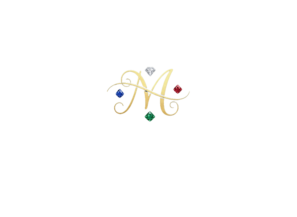Client brand mark — gold M monogram with gemstones