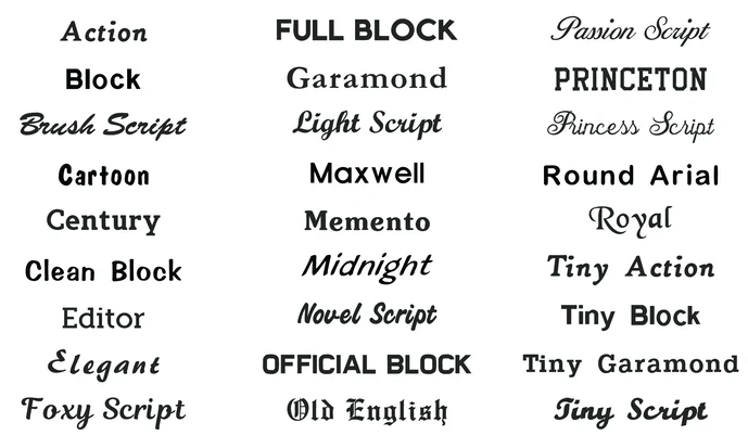 A chart displaying different fonts and type styles, including Action, Full Block, Passion Script, Block, Garamond, Princeton, Brush Script, Light Script, Princess Script, Cartoon, Maxwell, Round Arial, Century, Memento, Royal, Clean Block, Midnight, Tiny Action, Editor, Novel Script, Tiny Block, Elegant, Official Block, Tiny Garamond, Foxy Script, Old English, Tiny Script.