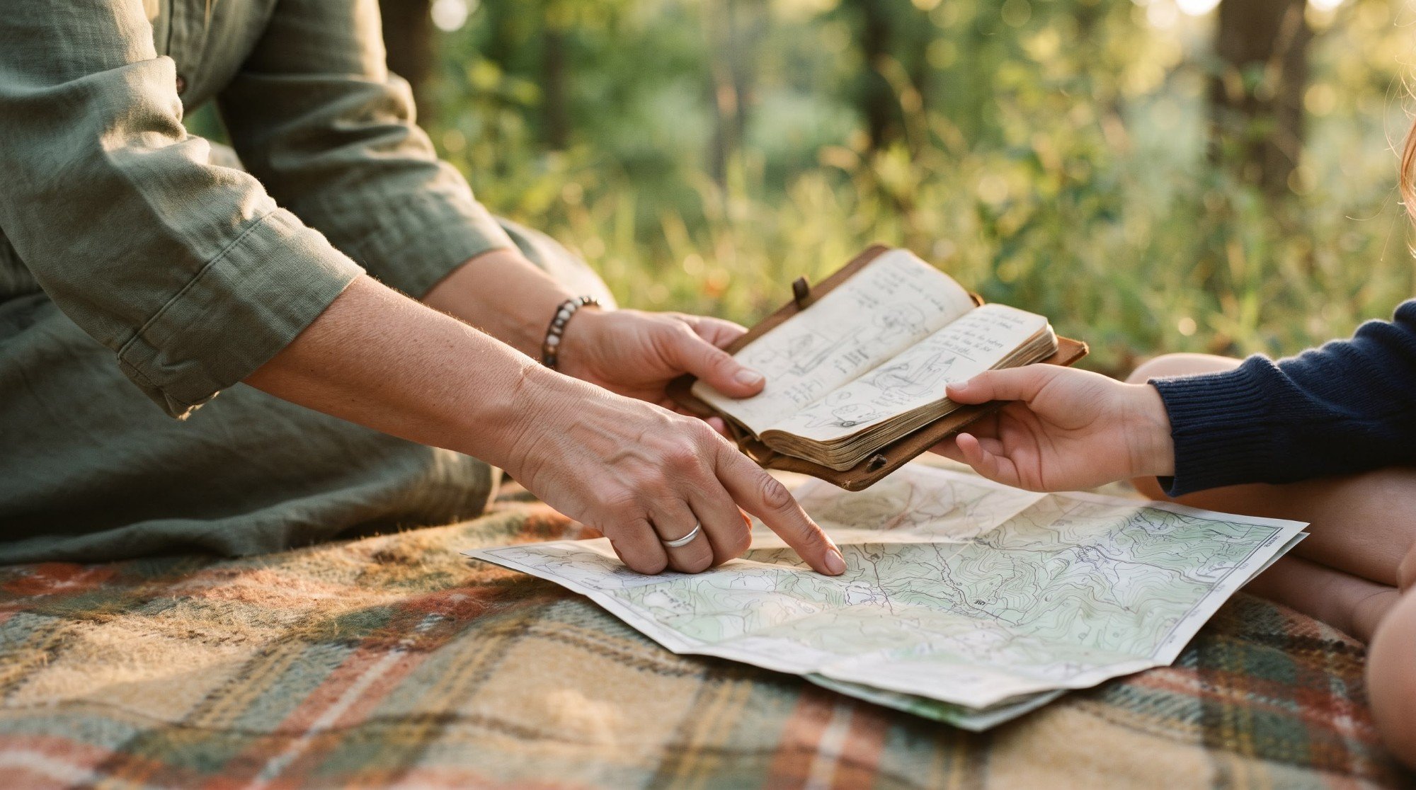 A mother and daughter planning a route together on a trail map spread over a picnic blanket