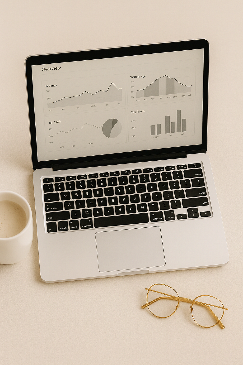 A laptop displaying analytics charts and graphs, a cup of coffee, and a pair of round glasses on a beige desk.