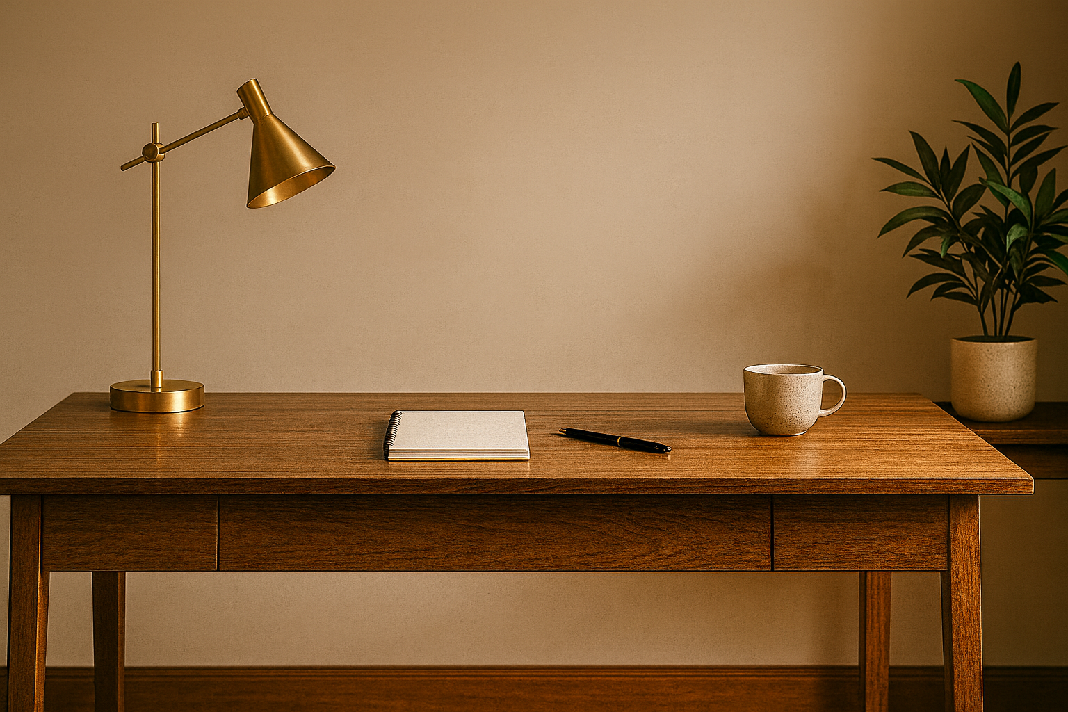 A wooden desk with a brass desk lamp on the left, a notepad and pen in the middle, a ceramic mug on the right, and a potted plant in the background to the far right.
