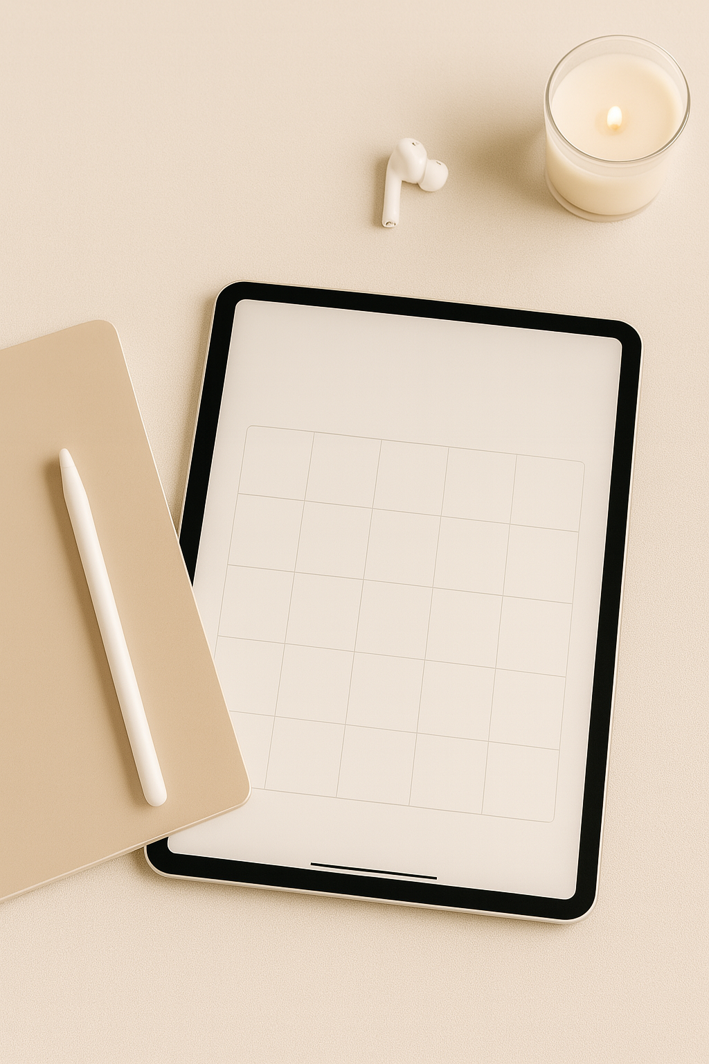 Tablet with blank calendar, beige notebook with stylus, wireless earbuds, candle