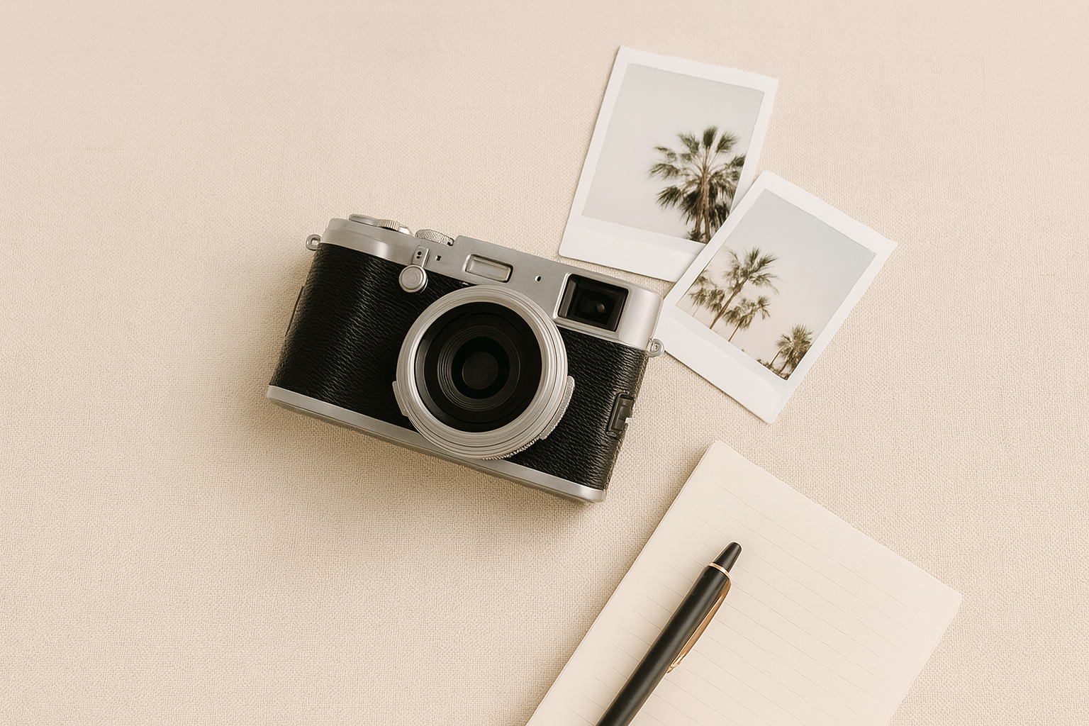 A camera, two instant photos of palm trees, a notepad, and a black and gold pen on a beige surface.