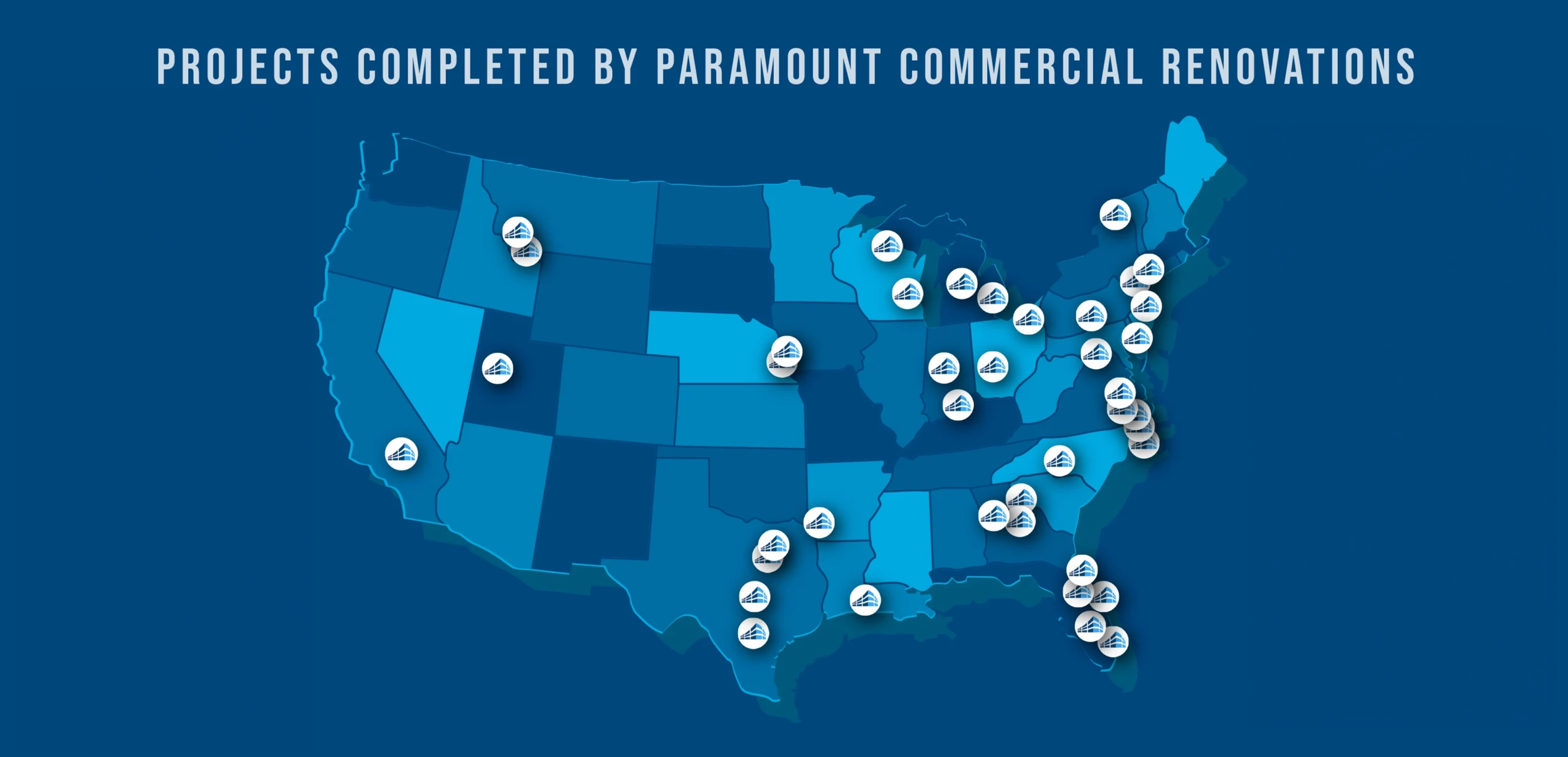 Map of the United States showing projects completed by Paramount Commercial Renovations, marked with icons across various states.