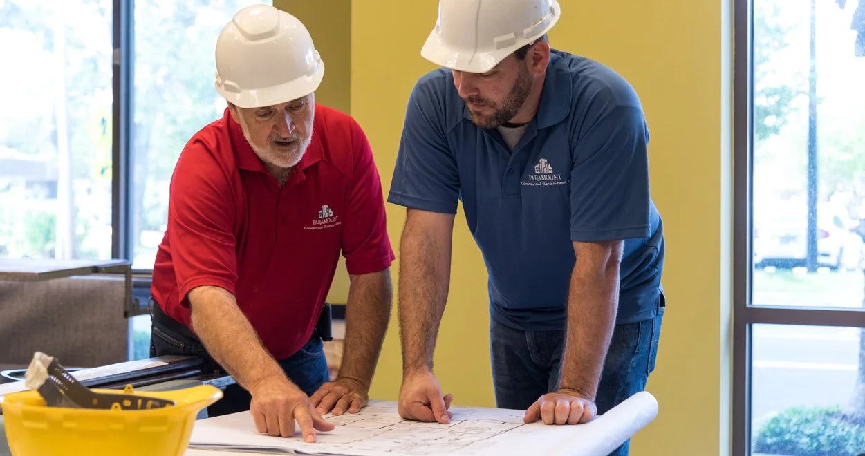 Two men wearing hard hats reviewing construction plans at a table indoors.