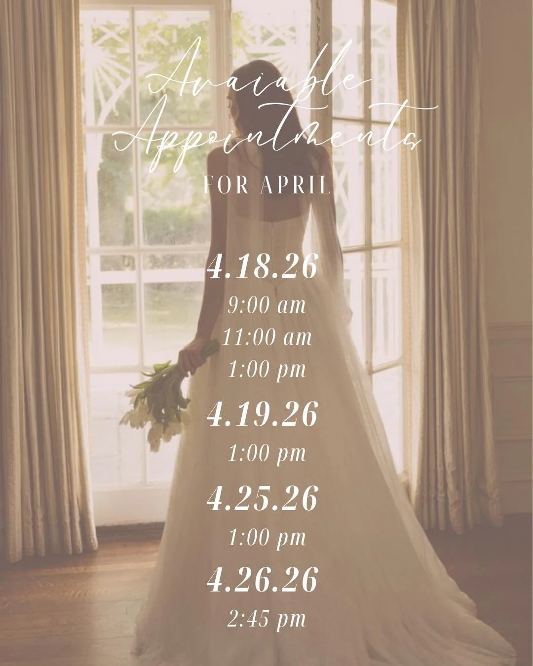 April is almost fully booked 🤍
Only a few appointments remain before the month is gone.

If finding your dress is on your list&hellip; now is the time. These last openings won&rsquo;t stay open for long.

Secure your appointment now through the link