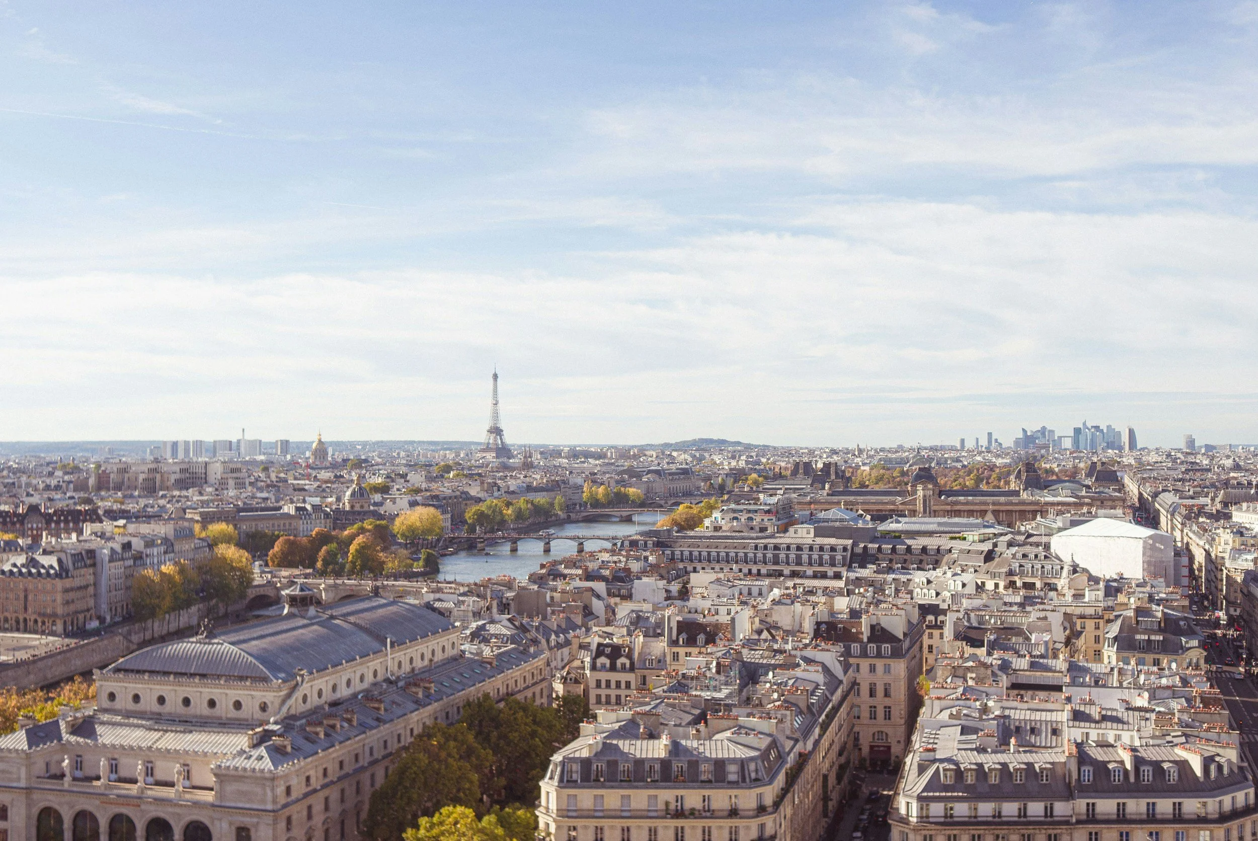 Vista panorámica de París con la Torre Eiffel en el centro, ríos y edificios históricos, bajo un cielo despejado.