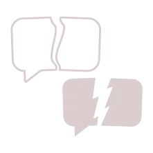 Icon of fractured speech bubbles representing political division and polarized voices, illustrating one of the social challenges Universal Human Foundation addresses.