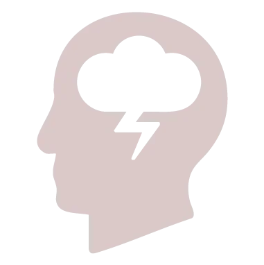 Icon of a human head with a storm cloud and lightning inside, symbolizing anxiety, fear, and despair — a mental health challenge Universal Human Foundation addresses.