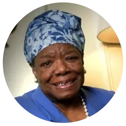 Portrait of Maya Angelou wearing a blue headwrap and matching blue top, featured as an endorser of Gary Zukav's book The Seat of the Soul.