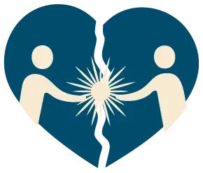 Icon of two figures reaching toward each other inside a heart with a bright spark between them, symbolizing human connection, unity, and shared purpose supported by Universal Human Foundation.