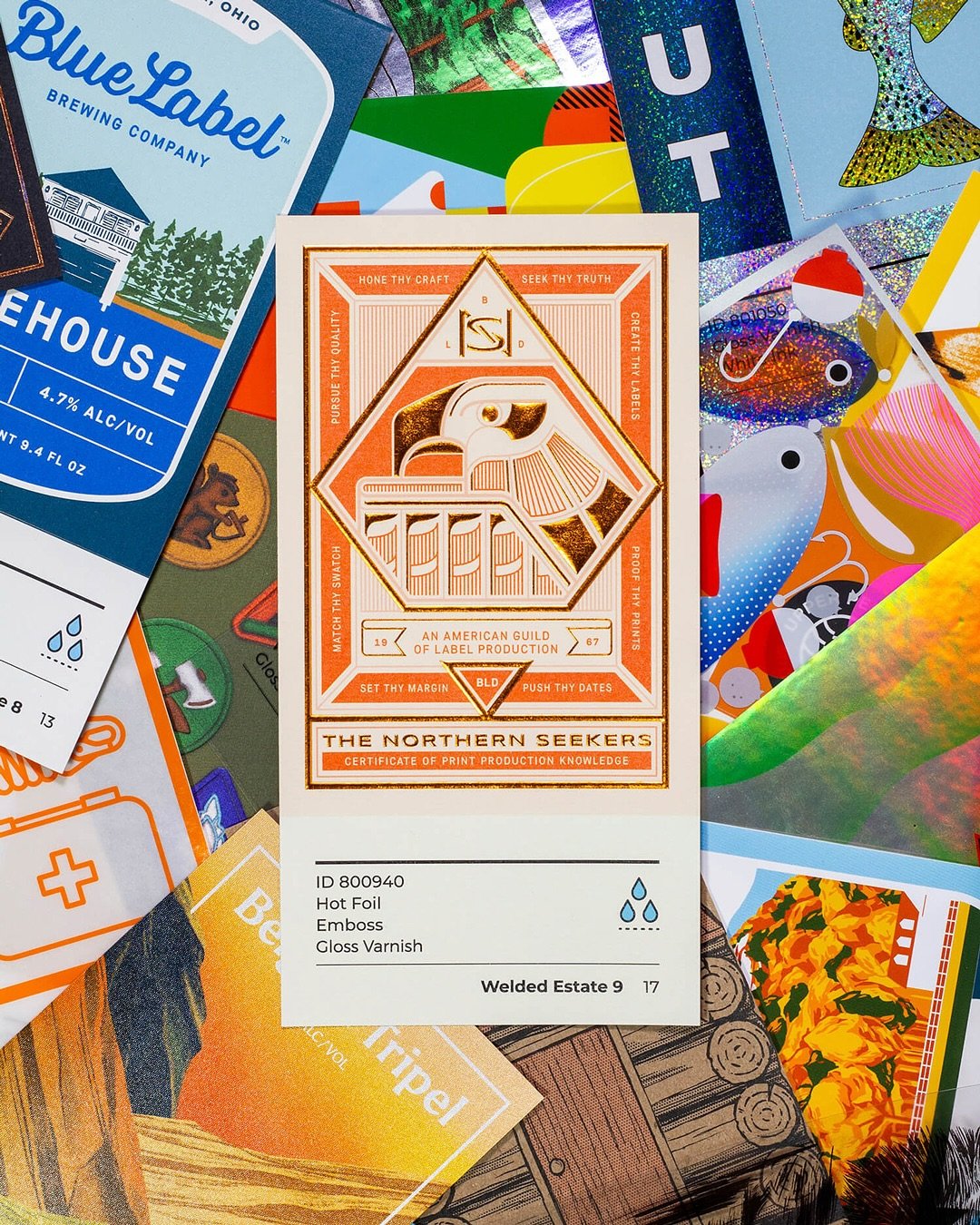 One of our most fun and challenging projects &mdash; swatch book showcasing Blue Label's substrates and finishing techniques.

The swatchbook creation was our bootcamp in learning Blue Label's process and how technical label creation can be. These gu