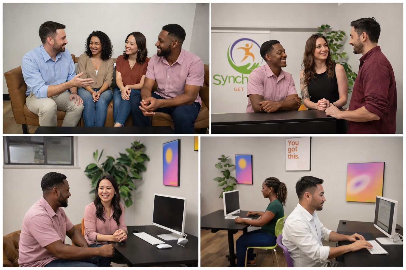 Collage of four images showing diverse people interacting and working in an office environment, with motivational posters and a company logo in the background.