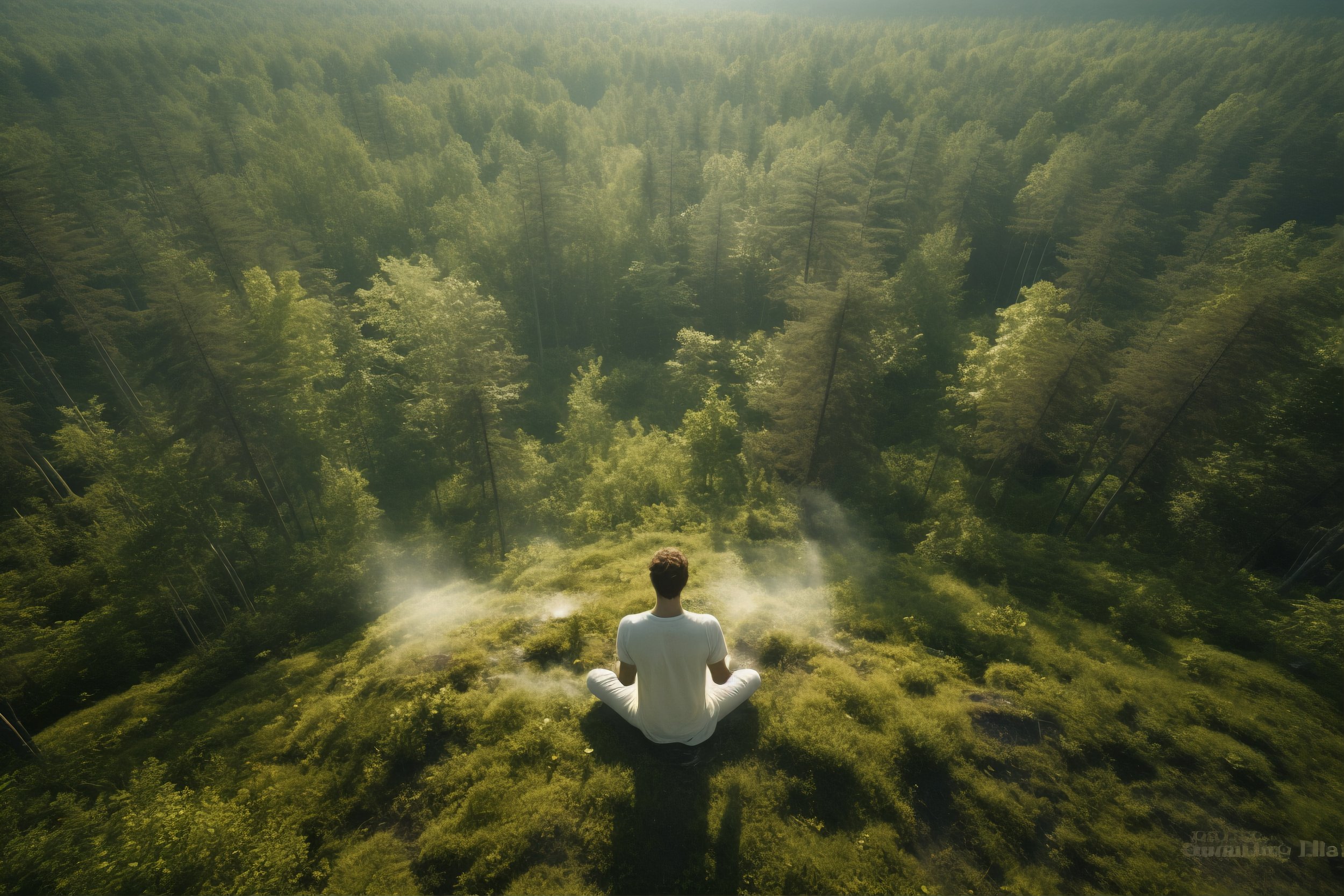 A person sitting cross-legged on a grassy ledge overlooking a dense forest in a lush, green landscape.
