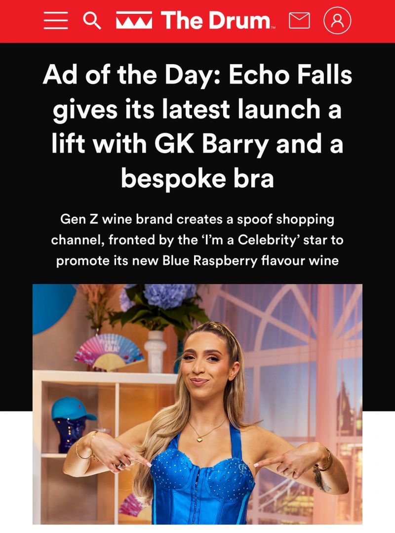 GK barry for echo falls blue raspberry campaign, with the carry-all bra, drum ad of the week.