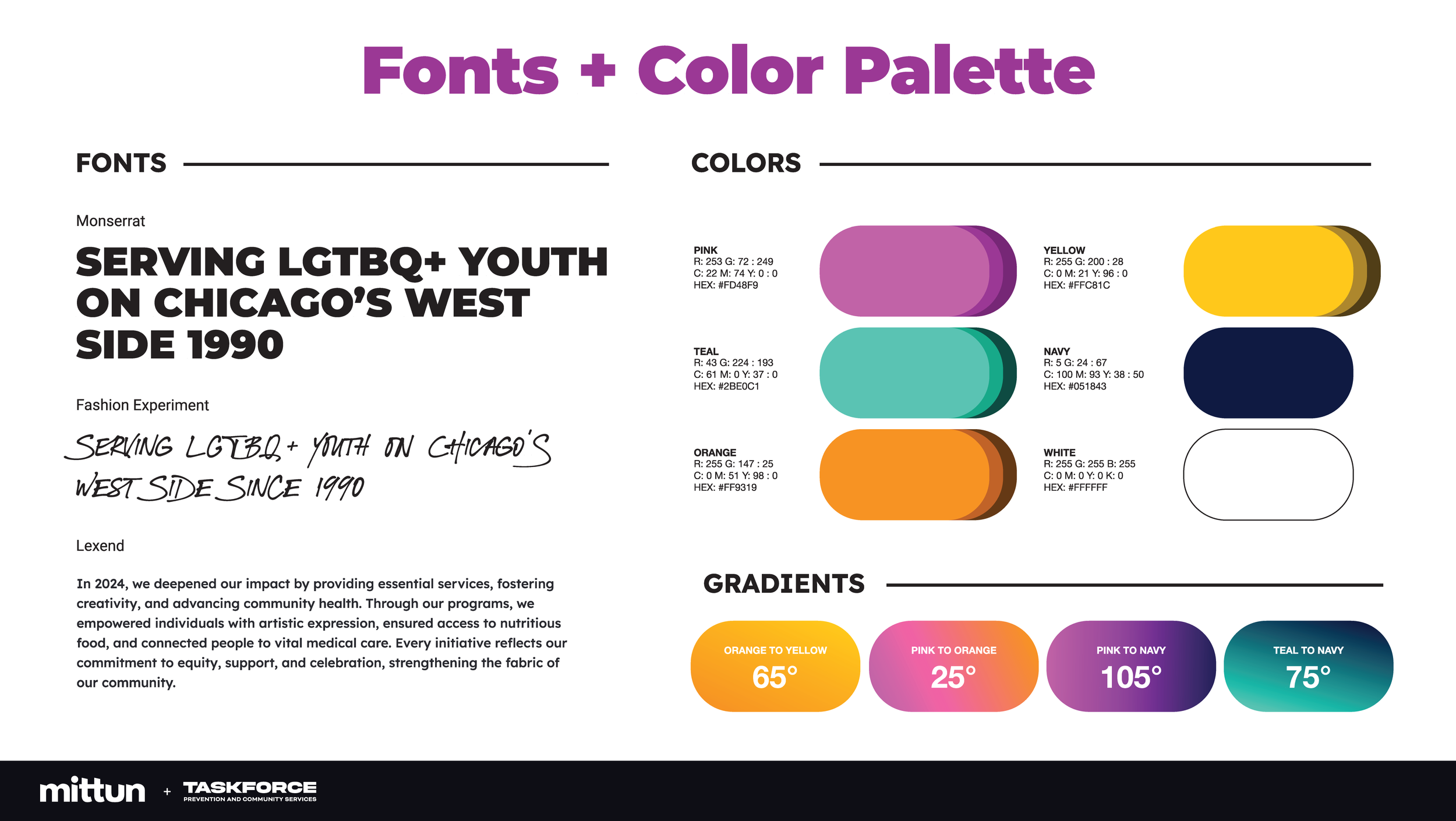 A visual infographic titled 'Fonts + Color Palette' featuring a variety of font styles, color swatches with their respective color codes, and gradient examples with angles. The infographic is by Mittun and Taskforce, promoting community services and 