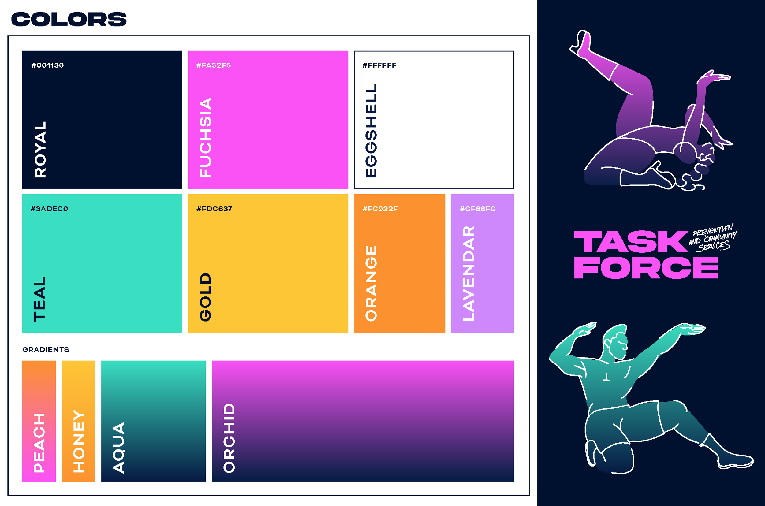 A color palette chart displaying various color swatches with names and hex codes, including royal blue, fuchsia, white, teal, gold, orange, lavender, peach, honey, aqua, orchid, and gradients. Next to the palette, there are outlined illustrations of 