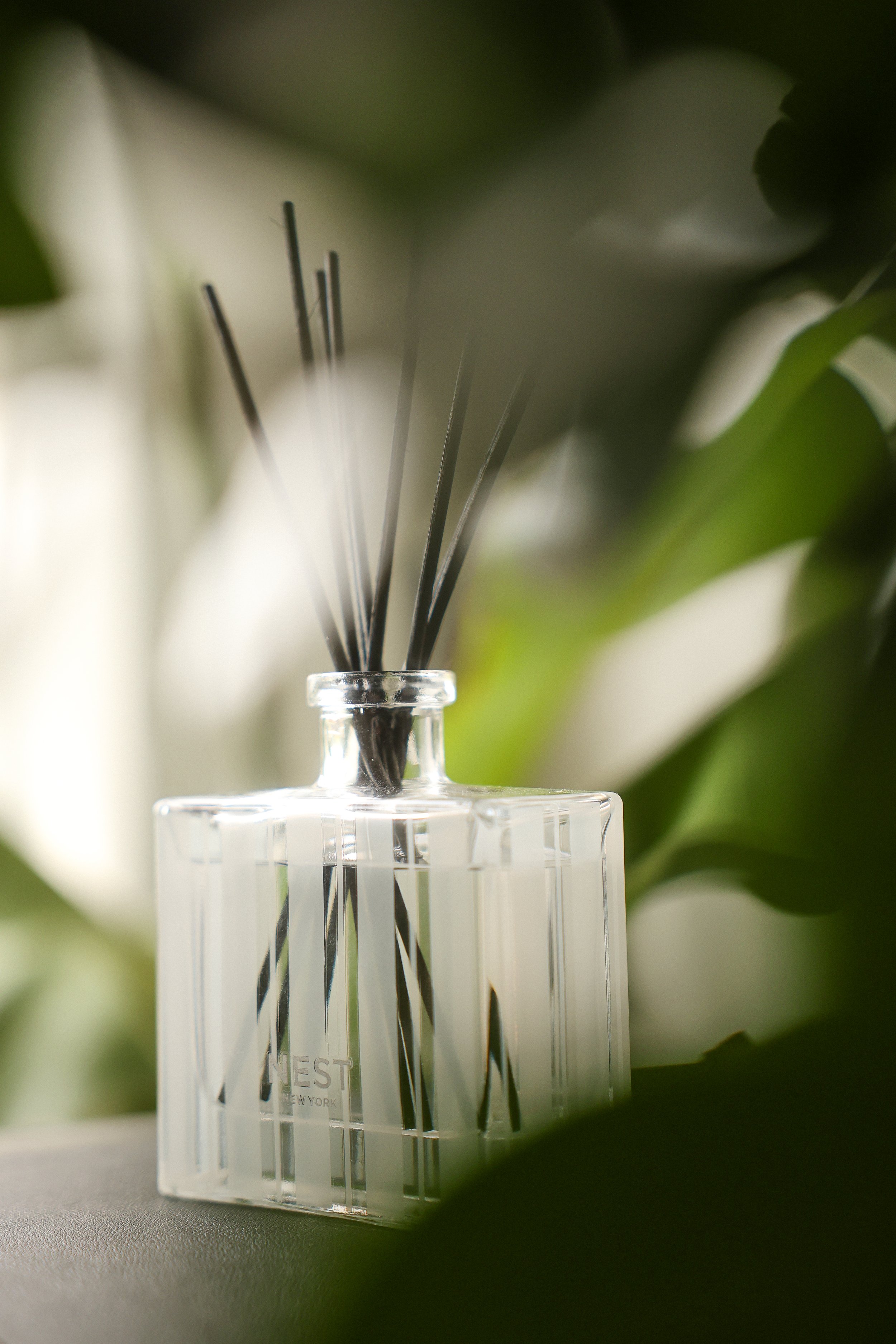 A clear glass diffuser bottle with black reed sticks inside, set against a background of green leaves.