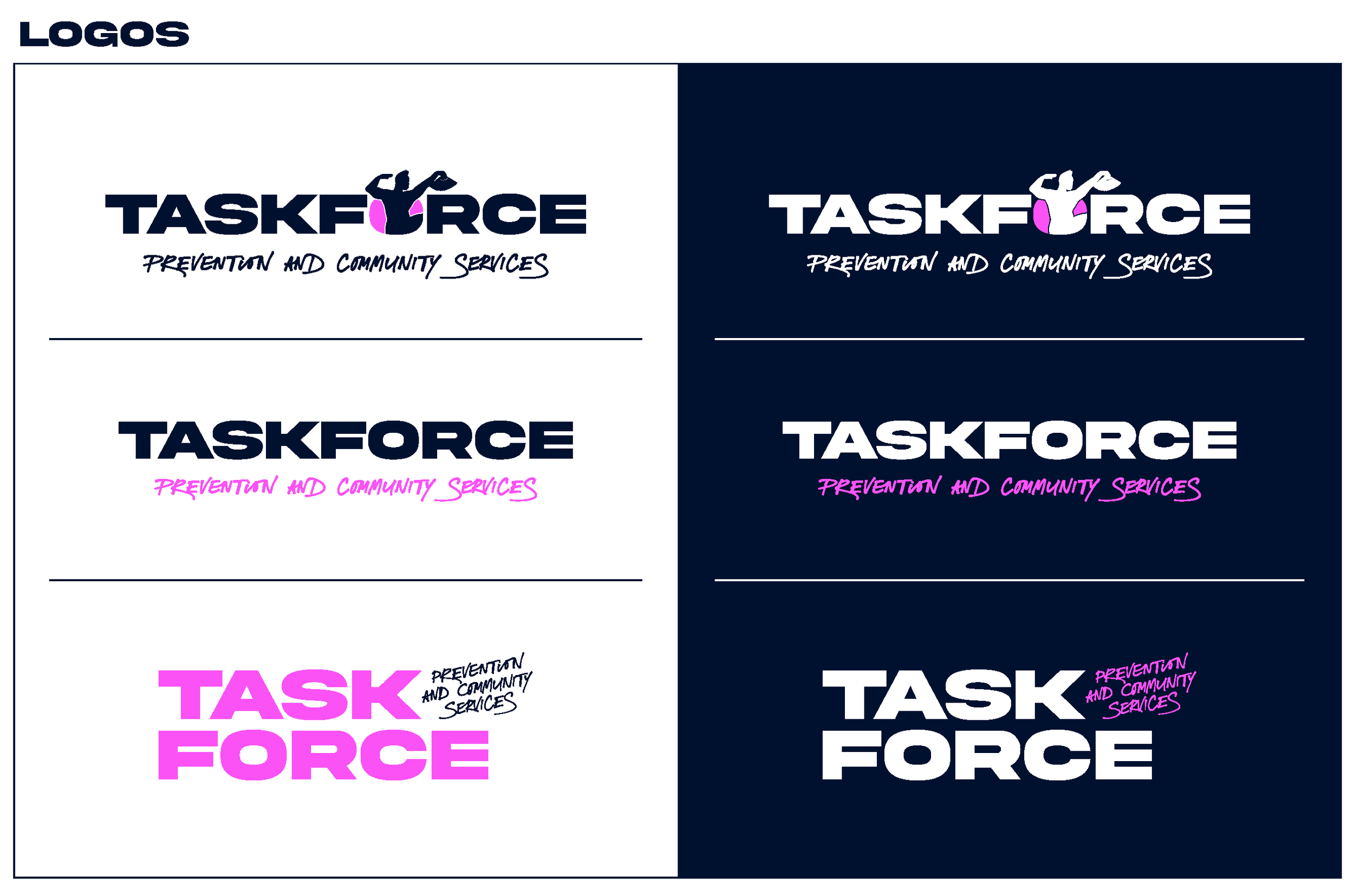 Comparison of six logos for TASKFORCE Prevention and Community Services, with different background and text color variations.