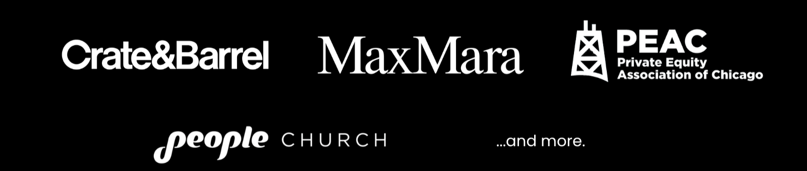 Logo collage of various brands and organizations in white text on a black background, including Crate & Barrel, MaxMara, PEAC, people church, and others.