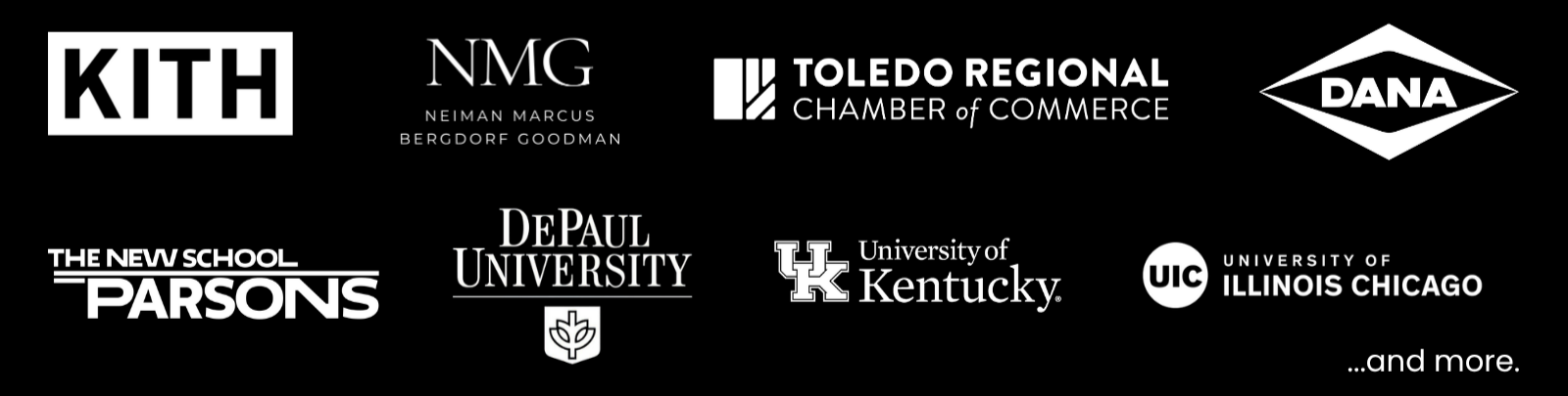 Black background with white logos and text of various university and organization sponsors, including KITH, NMG, Toledo Regional Chamber of Commerce, DANA, The New School Parsons, DePaul University, University of Kentucky, University of Illinois Chicago, and a statement '...and more.'