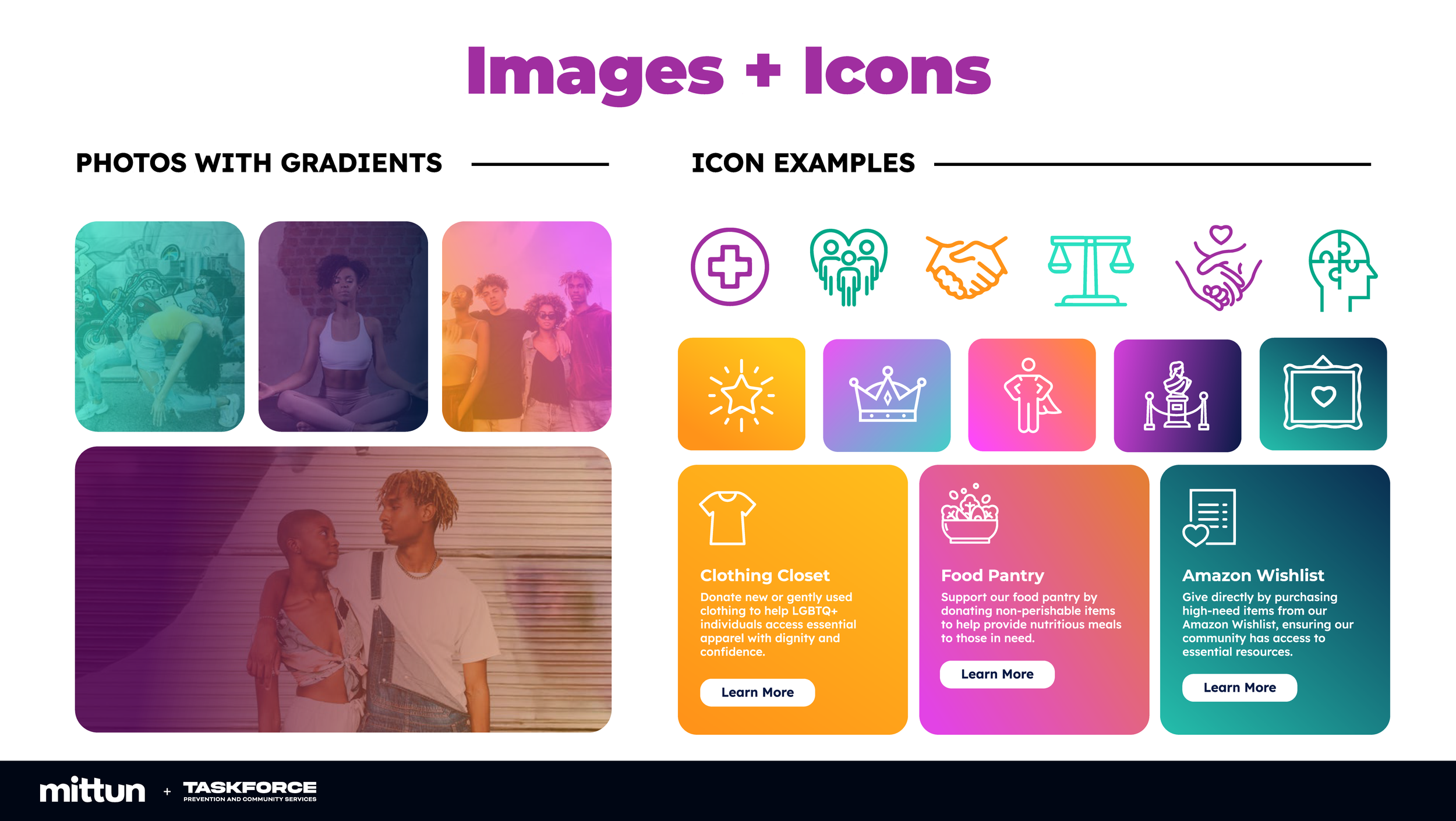 A colorful infographic showing examples of photos with gradients, including images of people meditating, a group of young adults, and a young man and woman on the street. It also features icon examples such as a medical cross, group of people, handsh