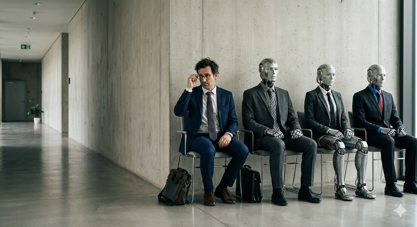 Human and robots waiting together for a job interview, illustrating the impact of AI on employment