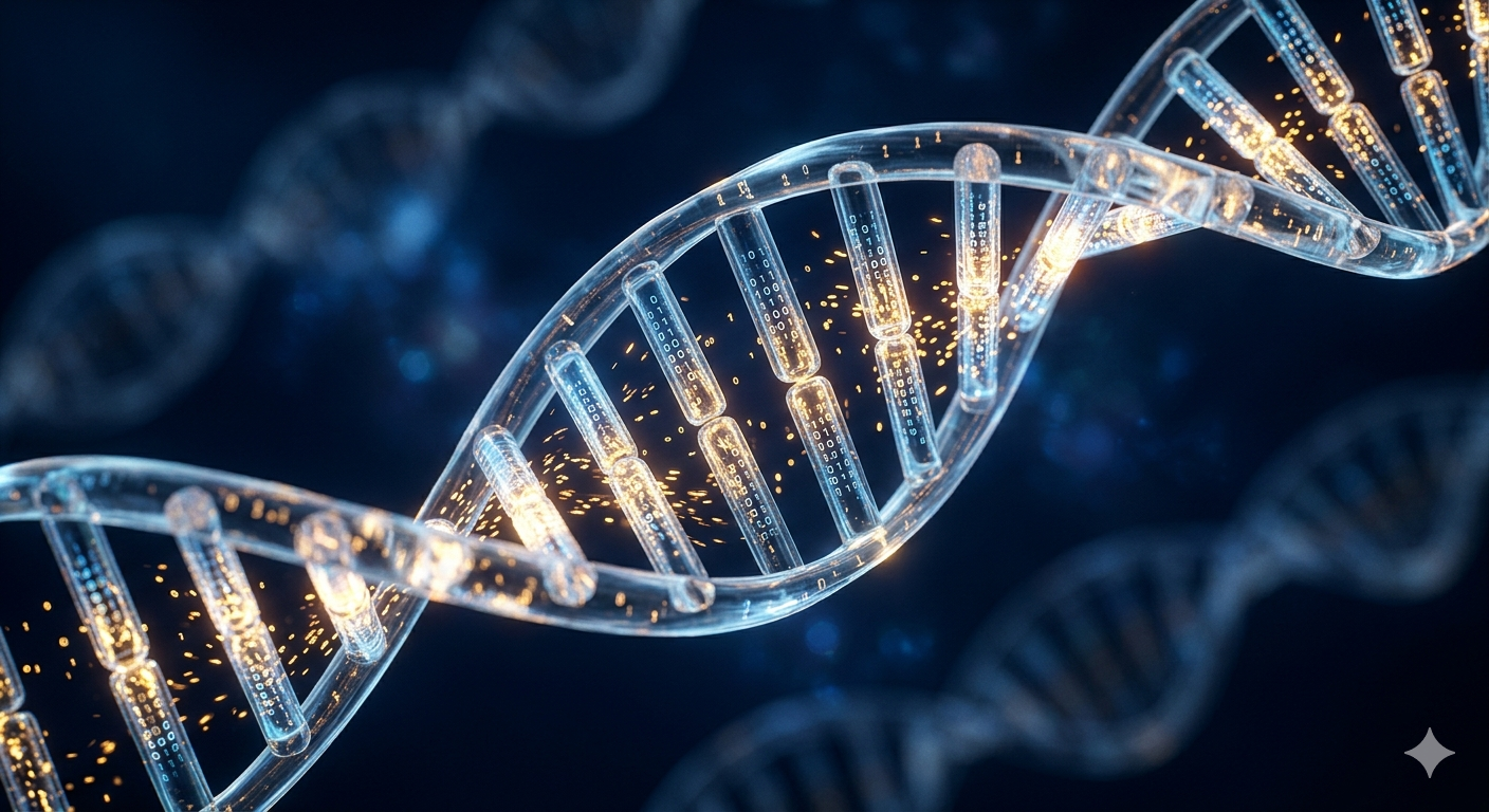 A hyper-realistic 3D render of a glass DNA double helix filled with glowing amber binary code and digital particles against a dark blue background.