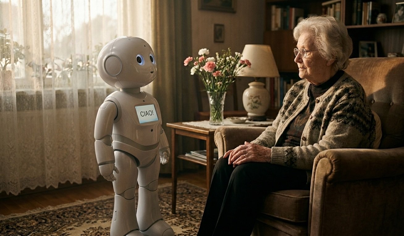 A side-by-side view of an elderly woman in a patterned knit cardigan sitting in a brown armchair, looking thoughtfully at a white humanoid care robot standing in her cozy, sunlit living room. The robot’s chest display reads "CIAO!".