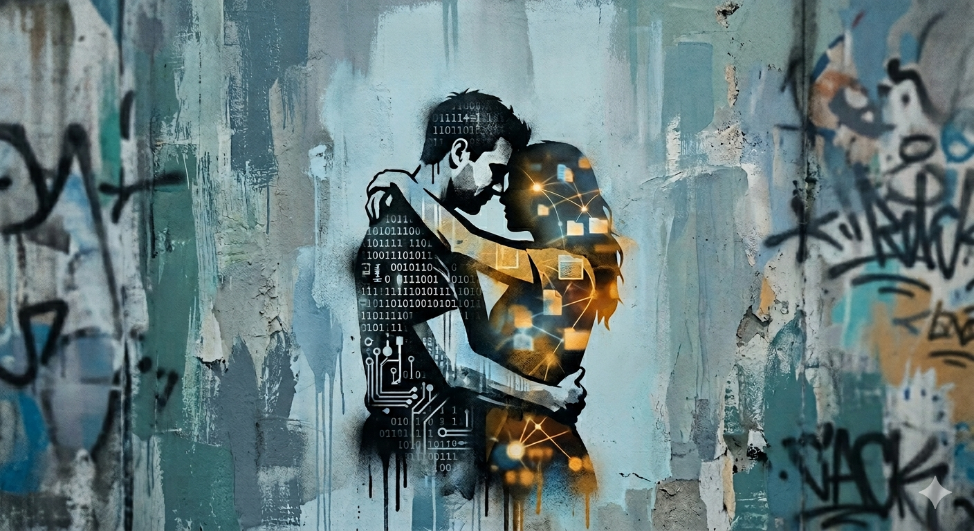 Couple embracing with digital code and network patterns, symbolizing love and relationships in the age of artificial intelligence