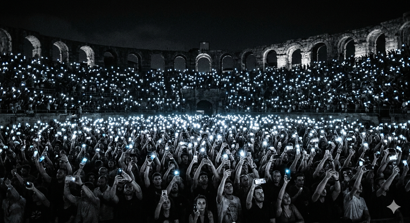 Crowd in an ancient Roman amphitheater holding up glowing smartphones at night, creating a sea of lights that symbolizes the attention economy and influencer culture