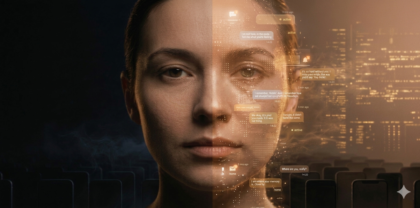 A high-concept visual of a human silhouette dissolving into glowing digital data particles against a dark, minimalist background.