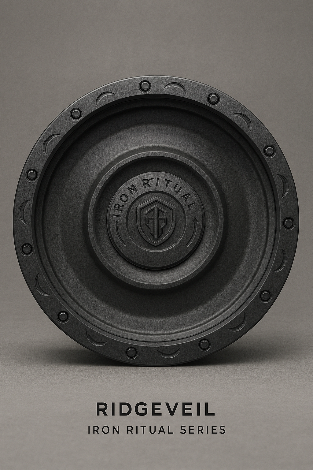 A black speaker from the Iron Ritual Series by Ridgeveil, with the brand logo and series name engraved in the center.
