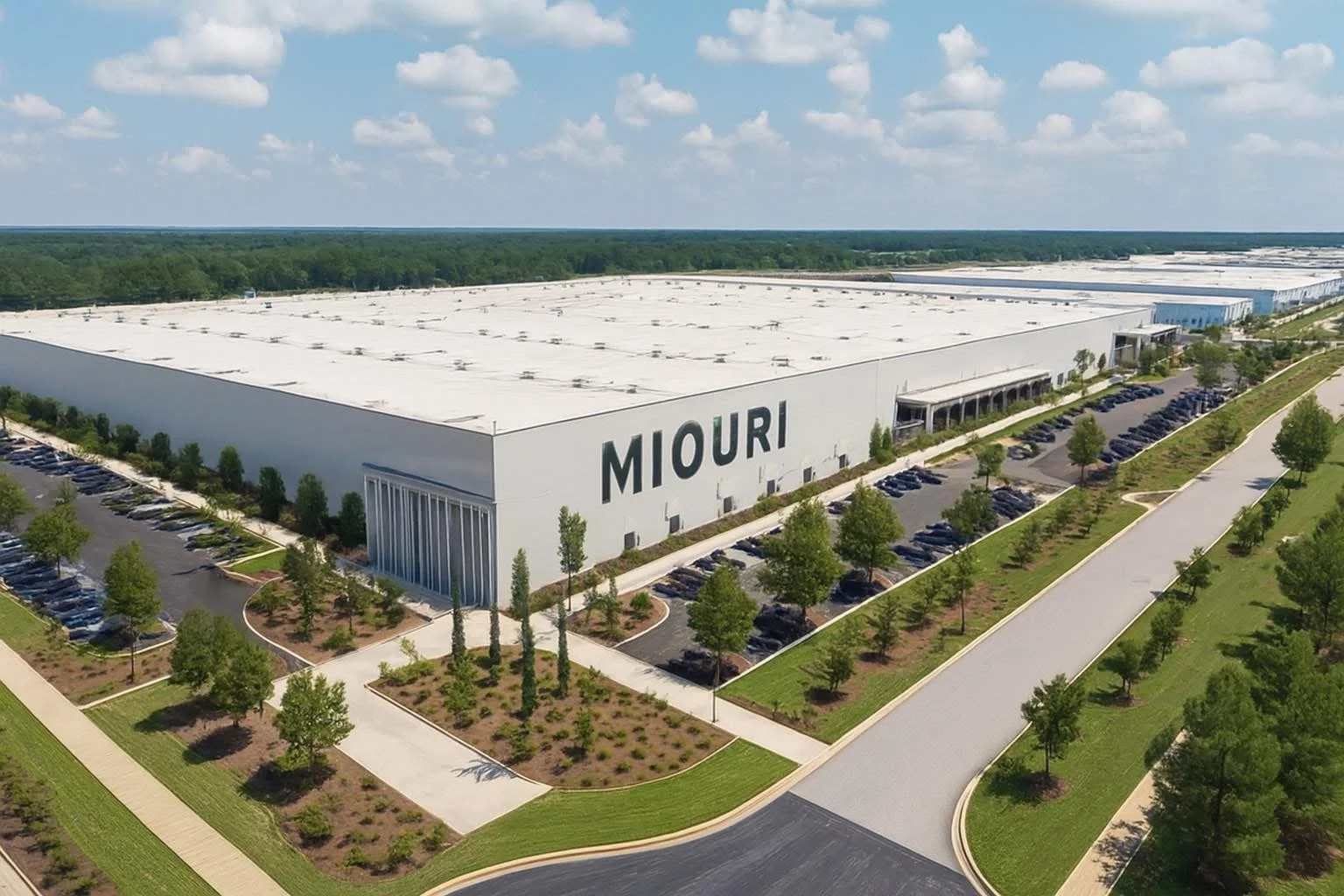 A large industrial building with the sign MIOURI on the side, surrounded by parking lots and landscaped green areas, under a partly cloudy sky.