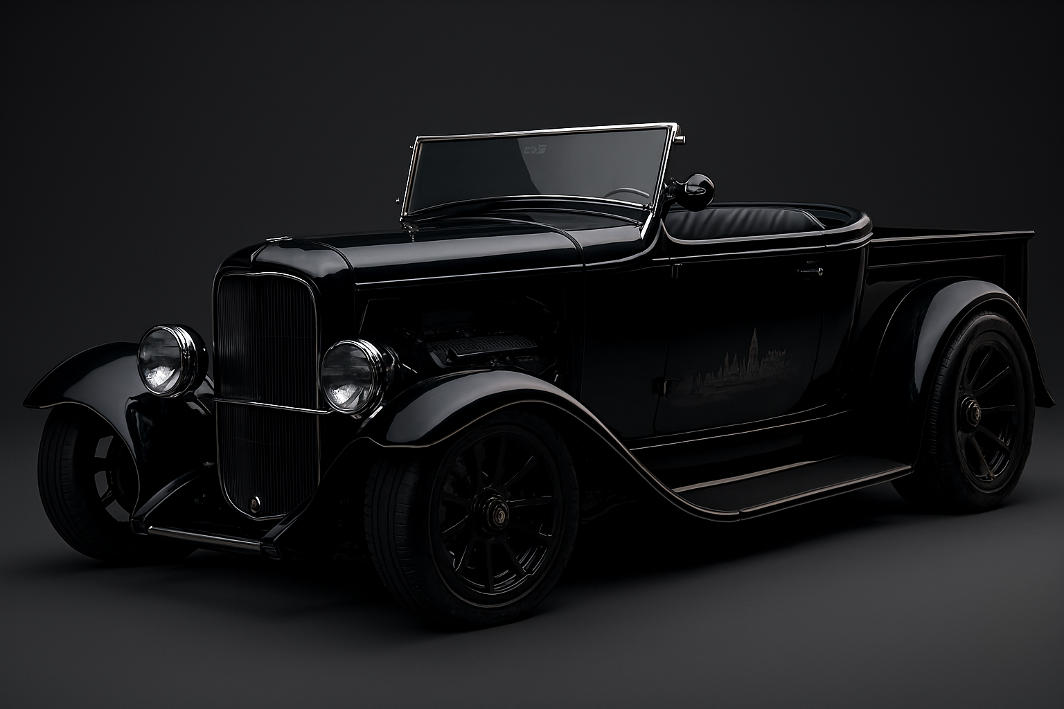 A vintage black convertible car with large round headlights and black wheels, set against a dark background.