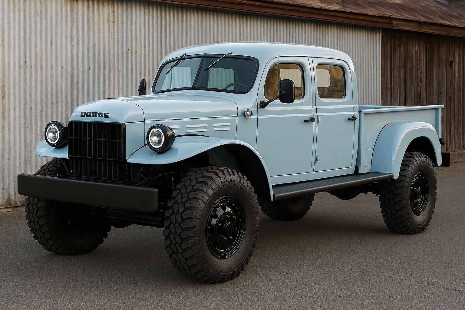 Light blue vintage Dodge pickup truck with large off-road tires parked on pavement in front of a wooden and corrugated metal wall.