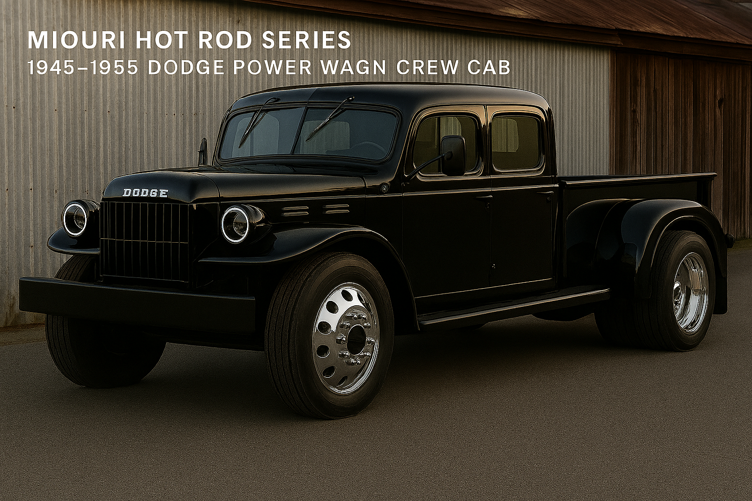 A black vintage Dodge Power Wagon crew cab truck from the 1940s to 1950s parked outdoors in front of a wooden and corrugated metal building, with text in the upper left corner indicating it is part of the MIOURI Hot Rod Series, from 1945 to 1955.