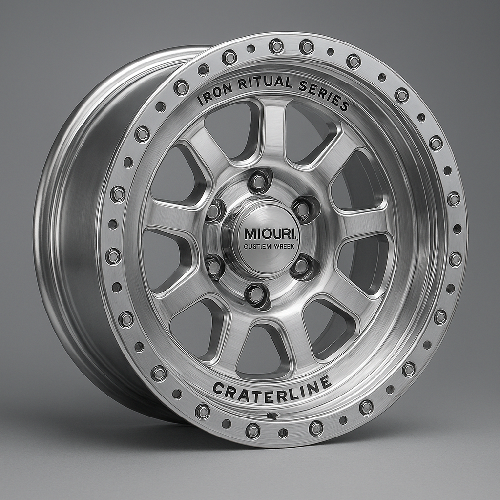 A close-up view of a silver, multi-spoke racing wheel rim with branding and text engraved on it, including "Iron Ritual Series," "Crateline," and "Mouri Custom Wreak."