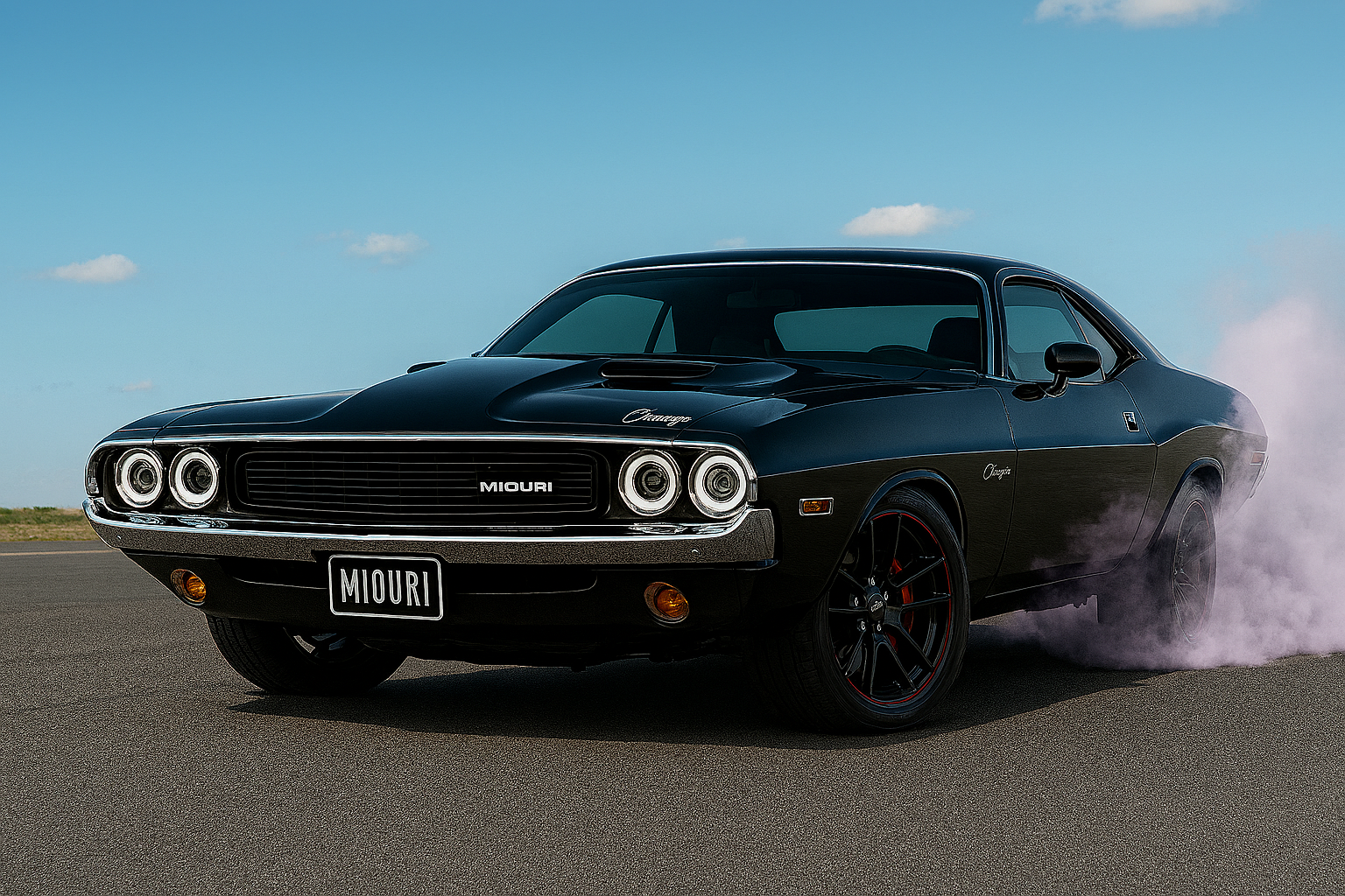 A black vintage muscle car with smoke coming from the rear tires, parked on an open road under a blue sky with a few clouds.
