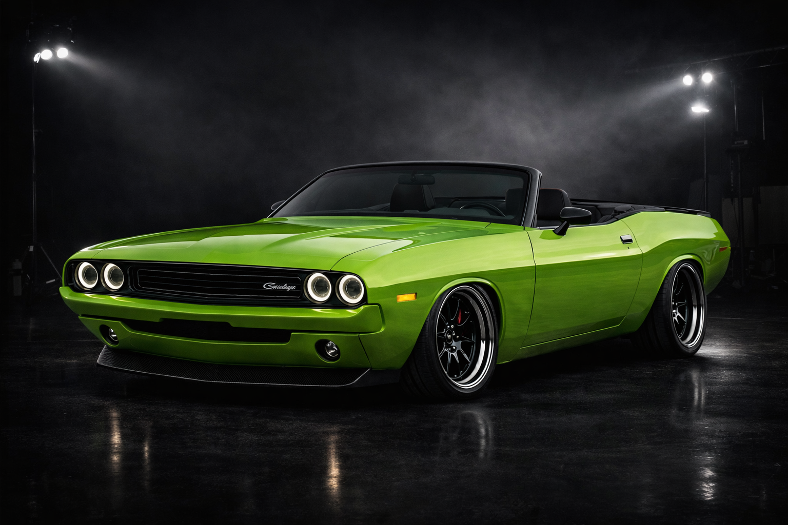 Green Dodge Challenger convertible with black wheels, set against a dark background with studio lighting.