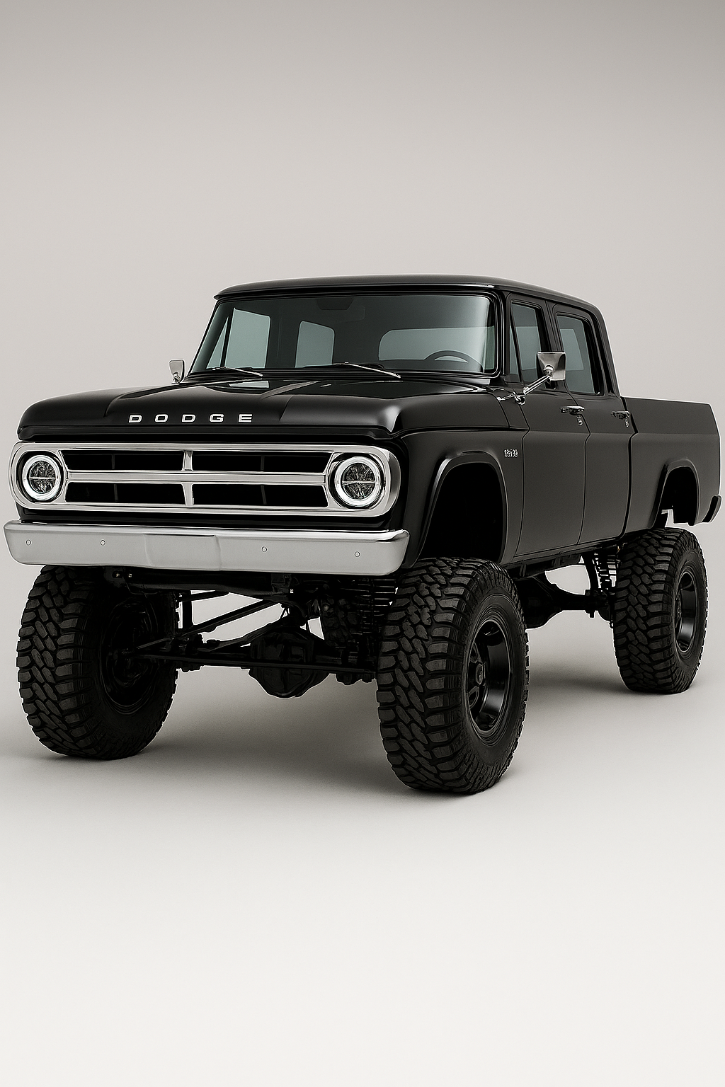 A black vintage Dodge pickup truck with large off-road tires, parked against a plain light-colored background.