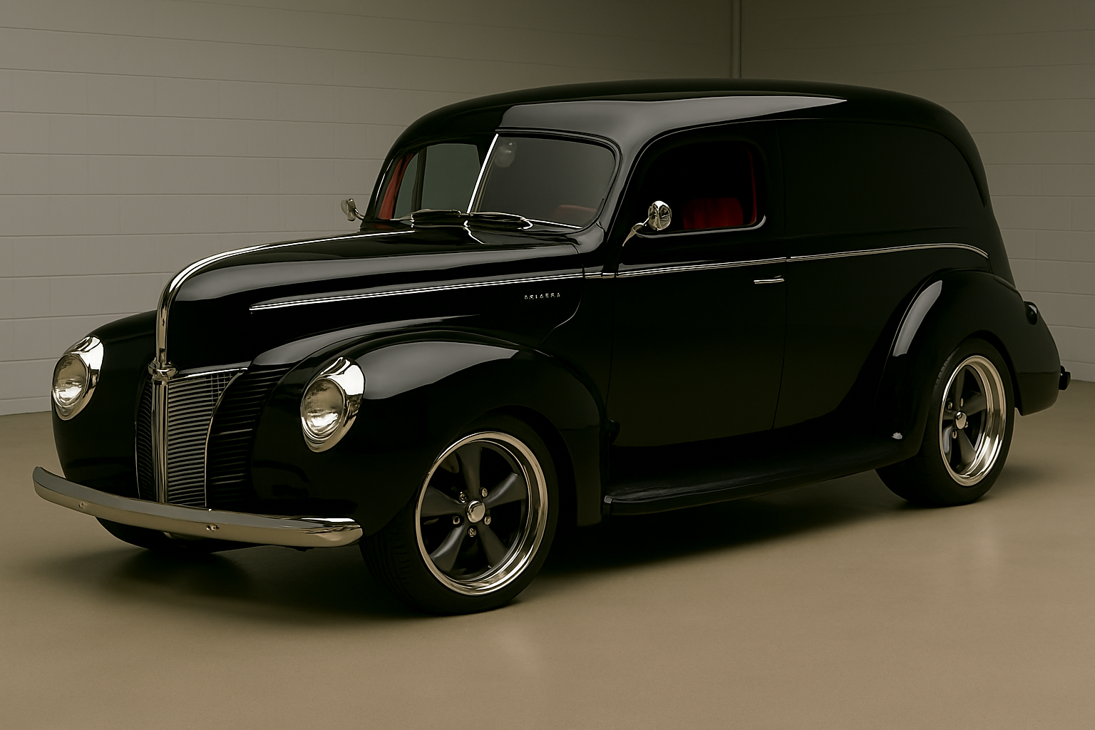 A vintage black American automobile with chrome details and red interior, parked indoors on a light-colored floor.