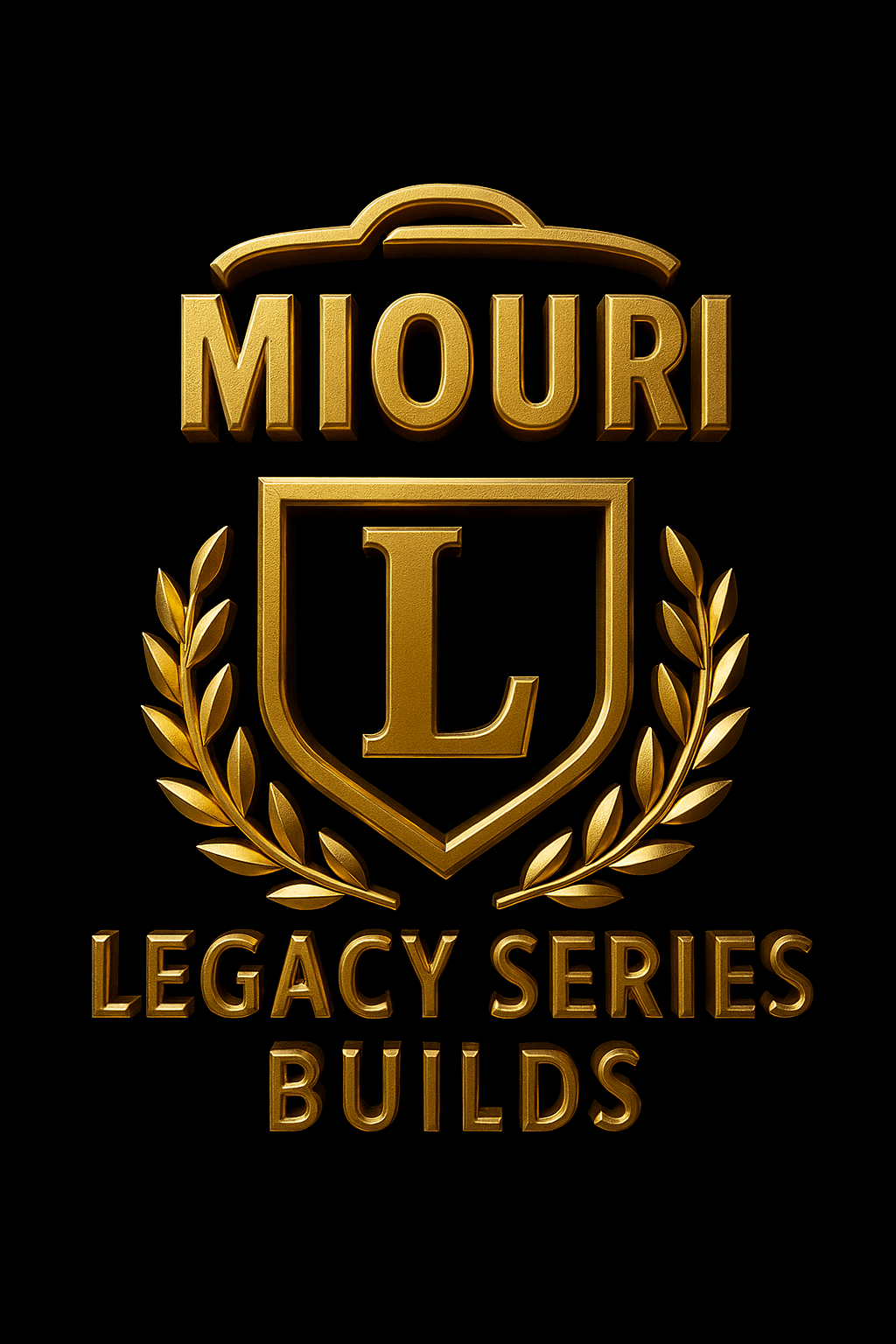 Gold emblem with the words "Miori Legacy Series Builds" and a shield with a letter "L" inside, surrounded by a laurel wreath, on a black background.