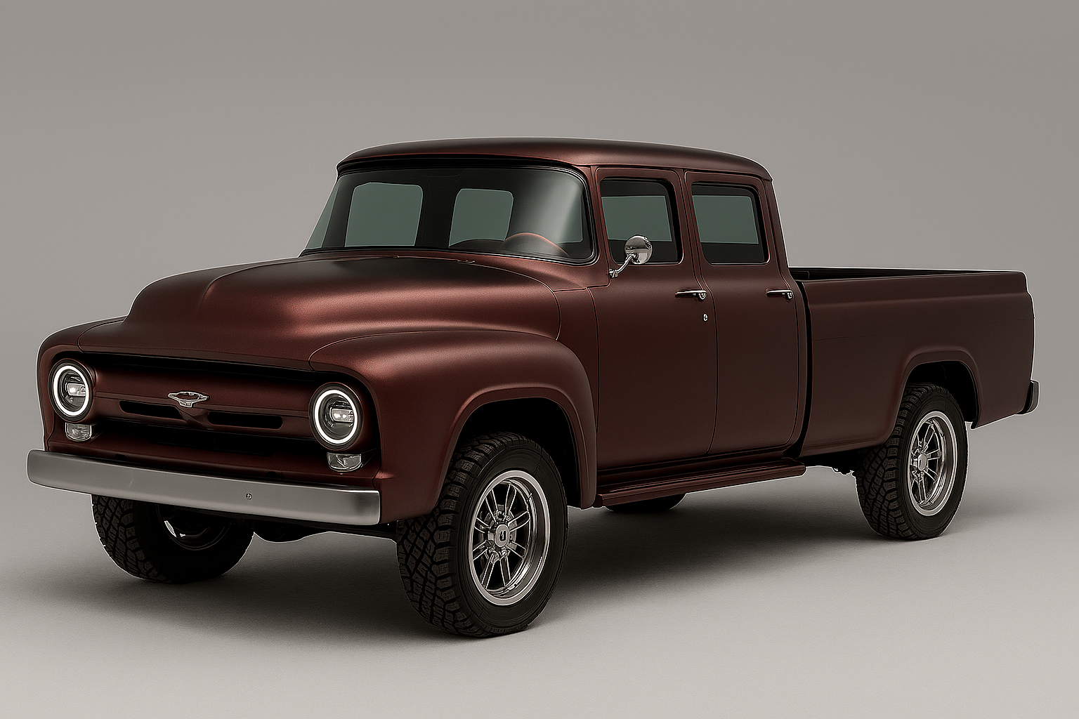 A vintage maroon pickup truck with a matte finish and chrome details on a neutral background.