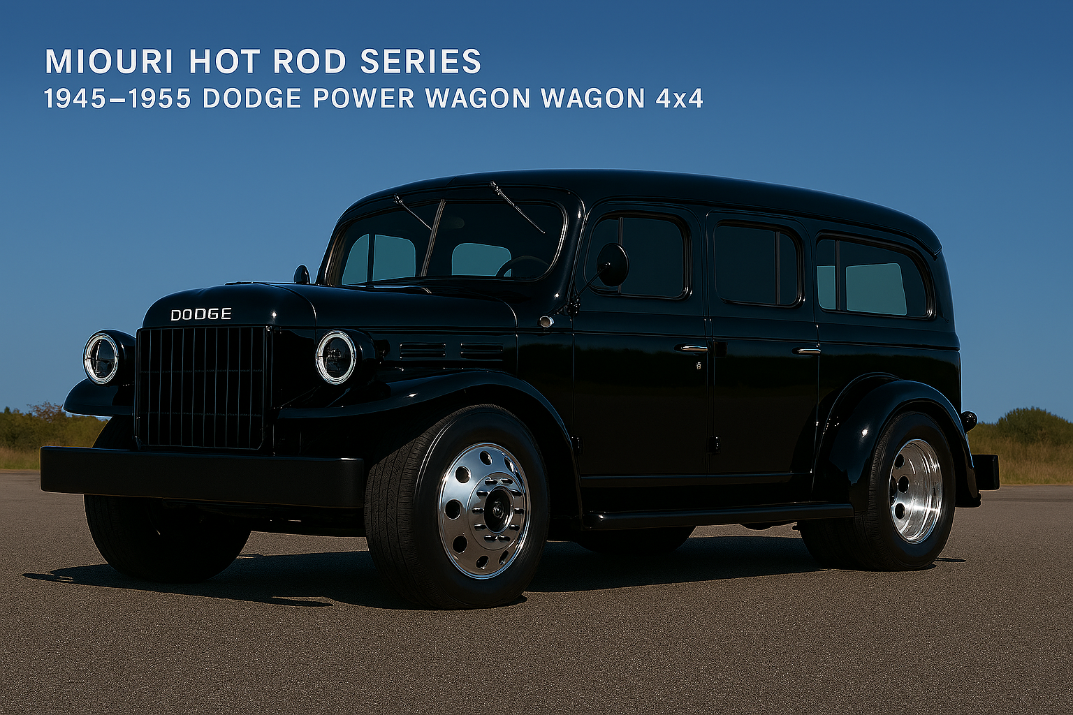 A black vintage Dodge Power Wagon from the Miouri Hot Rod Series, 1945-1955, parked on an empty road with a clear blue sky background.